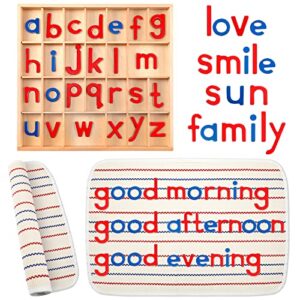 montessori letters movable wood alphabet with box and large mat small wooden alphabet letters montessori trays preschool spelling learning language materials objects, red, blue