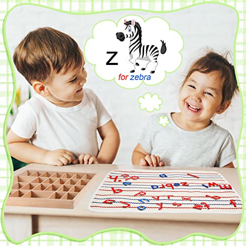 Montessori Letters Movable Wood Alphabet with Box and Large Mat Small Wooden Alphabet Letters Montessori Trays Preschool Spelling Learning Language Materials Objects, Red, Blue