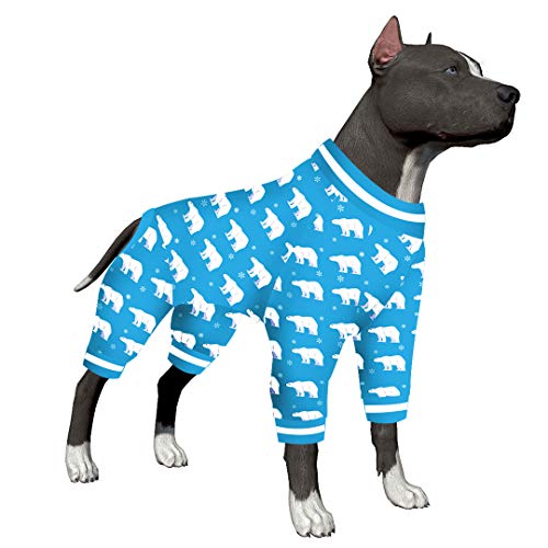 LovinPet Big Dog Winter Pajamas, Dog PJ's with Polar Bear and Snowflake Print, Dog Onesie with Zipper Design for Medium & Large Dogs, Post Surgery Comfy Breatheable PJ's,Blue White L