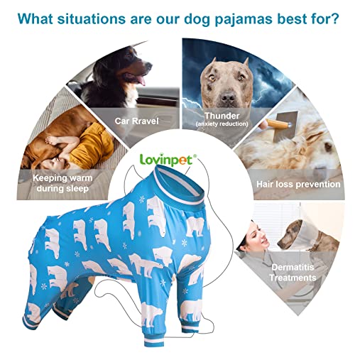 LovinPet Big Dog Winter Pajamas, Dog PJ's with Polar Bear and Snowflake Print, Dog Onesie with Zipper Design for Medium & Large Dogs, Post Surgery Comfy Breatheable PJ's,Blue White L