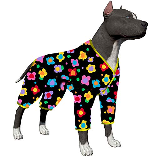 LovinPet Clothes For Labrador Pajama - Anxiety Calming Shirt,Anti Licking Dog Pajamas, Lightweight Fabric, Vintage Happy 2 Quilted Multi Print, Large Dog Pjs, All Season wear Dog Pj's,Black Yellow 3XL