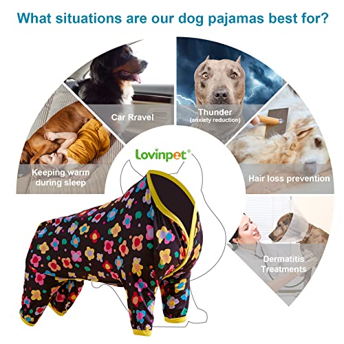 LovinPet Clothes For Labrador Pajama - Anxiety Calming Shirt,Anti Licking Dog Pajamas, Lightweight Fabric, Vintage Happy 2 Quilted Multi Print, Large Dog Pjs, All Season wear Dog Pj's,Black Yellow 3XL