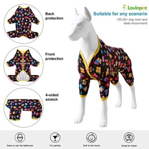 LovinPet Clothes For Labrador Pajama - Anxiety Calming Shirt,Anti Licking Dog Pajamas, Lightweight Fabric, Vintage Happy 2 Quilted Multi Print, Large Dog Pjs, All Season wear Dog Pj's,Black Yellow 3XL