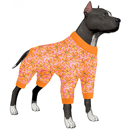 LovinPet Pj for Large Dog - Anti Licking Shirt, Wound Care Post Surgery Dogs Pajamas, Lightweight Stretchy Skin-Friendly Fabric, Orange Daisy Print, Large Dog Pjs, Use for Travel, Parties Orange L