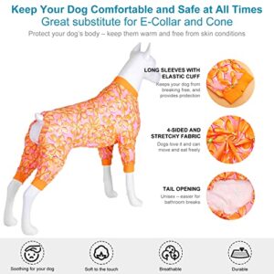 LovinPet Pj for Large Dog - Anti Licking Shirt, Wound Care Post Surgery Dogs Pajamas, Lightweight Stretchy Skin-Friendly Fabric, Orange Daisy Print, Large Dog Pjs, Use for Travel, Parties Orange L