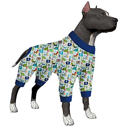 LovinPet Extra Large Dog Clothes - Large Dog Pjs, Lightweight Stretchy Fabric,White Dinosaur Allover Print, Dog Jumpsuit, Pet Anxiety Relief Shirt, Easy to Wear Dog Costume, Party Shirt,Blue Grey 3XL