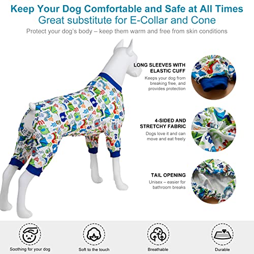 LovinPet Extra Large Dog Clothes - Large Dog Pjs, Lightweight Stretchy Fabric,White Dinosaur Allover Print, Dog Jumpsuit, Pet Anxiety Relief Shirt, Easy to Wear Dog Costume, Party Shirt,Blue Grey 3XL