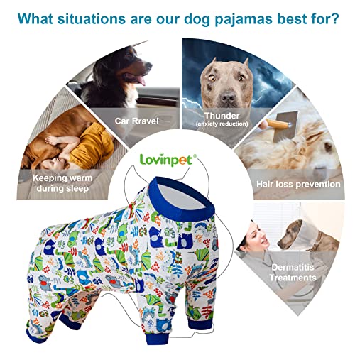 LovinPet Extra Large Dog Clothes - Large Dog Pjs, Lightweight Stretchy Fabric,White Dinosaur Allover Print, Dog Jumpsuit, Pet Anxiety Relief Shirt, Easy to Wear Dog Costume, Party Shirt,Blue Grey 3XL