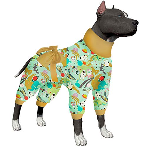 LovinPet XL Dog Clothes for Pitbulls - Mint Outer Space Print, Wound Care and Post Surgery Onesie, UV Protection Fabric, Pet Anxiety Relief Shirt, Pet PJ's,Yellow XL