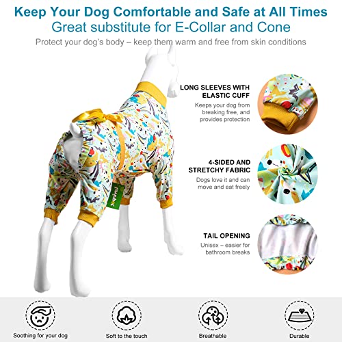 LovinPet XL Dog Clothes for Pitbulls - Mint Outer Space Print, Wound Care and Post Surgery Onesie, UV Protection Fabric, Pet Anxiety Relief Shirt, Pet PJ's,Yellow XL