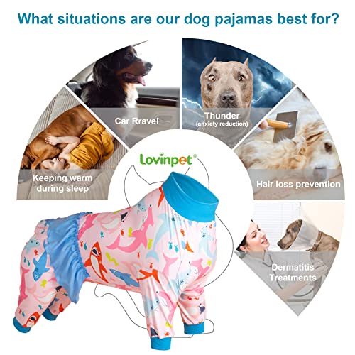 LovinPet Large Dog Shirt Pajamas - UV Protection, Post Surgical Recovery Pajamas, Lightweight Stretchable Fabric, Big Bites Pink Print, Large Dog Pajamas, Undershirt for Dog Dresses,Pink 3XL