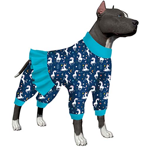 LovinPet Pitbull Jammies - Unicorn Dog Shirt, Post Surgery Recovery Onesie, Mermaids & Unicorns Blue/White Print, Lightweight Pullover Large Puppy Pajamas, Full Coverage Dog Pjs,Blue L