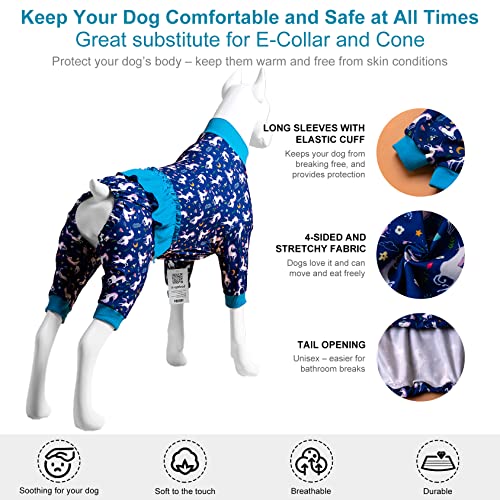 LovinPet Pitbull Jammies - Unicorn Dog Shirt, Post Surgery Recovery Onesie, Mermaids & Unicorns Blue/White Print, Lightweight Pullover Large Puppy Pajamas, Full Coverage Dog Pjs,Blue L