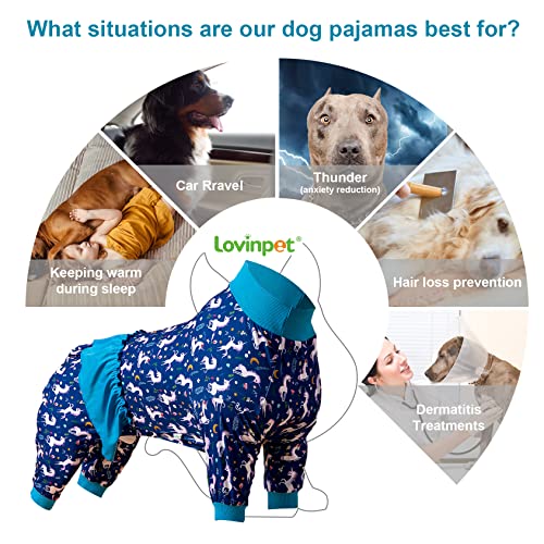 LovinPet Pitbull Jammies - Unicorn Dog Shirt, Post Surgery Recovery Onesie, Mermaids & Unicorns Blue/White Print, Lightweight Pullover Large Puppy Pajamas, Full Coverage Dog Pjs,Blue L