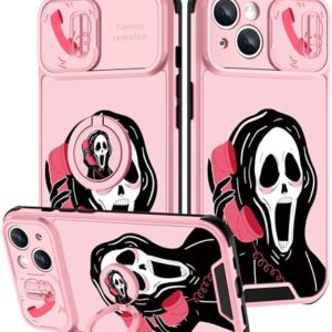 Goocrux (2in1 for iPhone 14 Case Skull Skeleton for Women Girls Cute Girly Phone Cover Cool Funny Gothic Design with Slide Camera Cover+Ring Holder Cases for iPhone14 6.1 inch