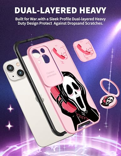 Goocrux (2in1 for iPhone 14 Case Skull Skeleton for Women Girls Cute Girly Phone Cover Cool Funny Gothic Design with Slide Camera Cover+Ring Holder Cases for iPhone14 6.1 inch