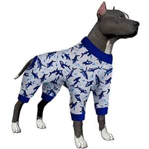 lovinpet lovinpet dog onesies - dog pajamas for large dogs, lightweight fabric, fintastic blue print, dog clothing, uv protection, easy wearing adorable dog clothes, dog onesie,blue shark l