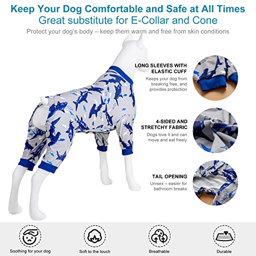 LovinPet Lovinpet Dog Onesies - Dog Pajamas for Large Dogs, Lightweight Fabric, Fintastic Blue Print, Dog Clothing, UV Protection, Easy Wearing Adorable Dog Clothes, Dog Onesie,Blue Shark L