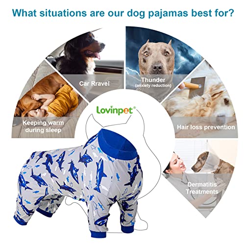 LovinPet Lovinpet Dog Onesies - Dog Pajamas for Large Dogs, Lightweight Fabric, Fintastic Blue Print, Dog Clothing, UV Protection, Easy Wearing Adorable Dog Clothes, Dog Onesie,Blue Shark L