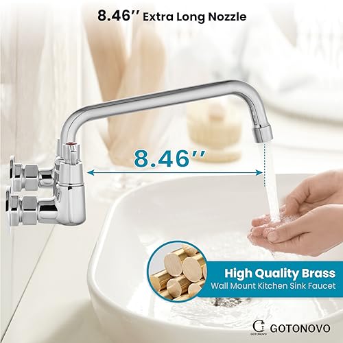 gotonovo Polish Chrome 8 Inch Center 9 Inch Swing Spout Wall Mount Kitchen Sink Faucet Double Handles Kitchen Mixer Tap Commercial Sink Utility Laundry Sink