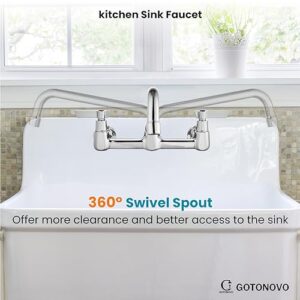gotonovo Polish Chrome 8 Inch Center 9 Inch Swing Spout Wall Mount Kitchen Sink Faucet Double Handles Kitchen Mixer Tap Commercial Sink Utility Laundry Sink