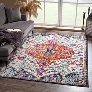 new bodrum oriental, persian, traditional living room, bedroom area rug - colorful floral medallion carpet - vintage distressed - orange, red, purple, dark blue - 6'7" x 9'
