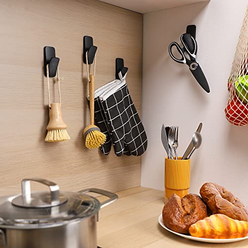 ALOCEO Sticky Hooks for Hanging 5 Pack, Plastic Adhesive Hooks Towel Hooks for Bathrooms Kitchen Dorm Room Wall, Black