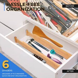 Hugs & Kitchens Bamboo Drawer Dividers - Adjustable, Expandable Kitchen Drawer Organizer for Kitchen Utensils, Clothes, Office Drawer Separator (6pcs)