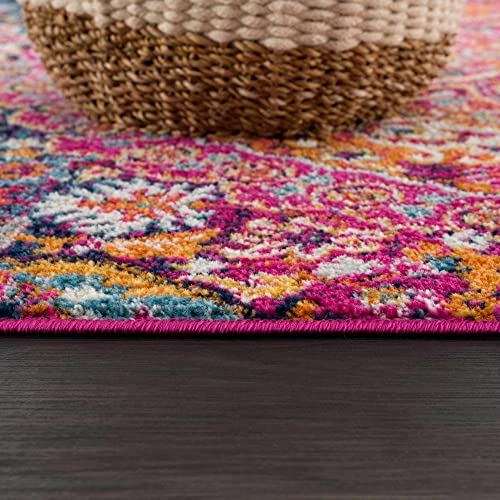 New Marlboro Oriental Bohemian Living Room Bedroom Area Rug - Persian Vintage Medallion Look - Floral Boho Carpet - Bright Colorful - Purple, Red, Orange, Pink - 5'3" x 7'3"