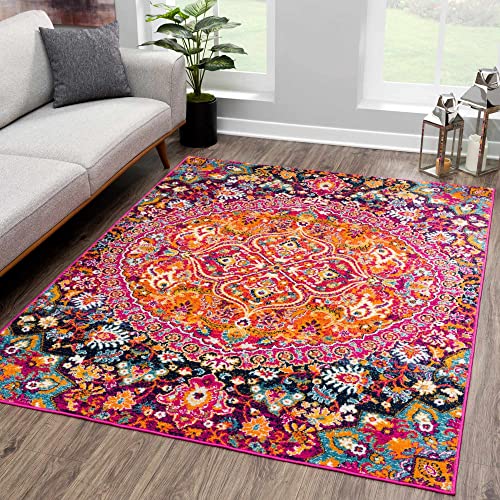 New Marlboro Oriental Bohemian Living Room Bedroom Area Rug - Persian Vintage Medallion Look - Floral Boho Carpet - Bright Colorful - Purple, Red, Orange, Pink - 5'3" x 7'3"