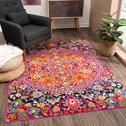 New Marlboro Oriental Bohemian Living Room Bedroom Area Rug - Persian Vintage Medallion Look - Floral Boho Carpet - Bright Colorful - Purple, Red, Orange, Pink - 5'3" x 7'3"