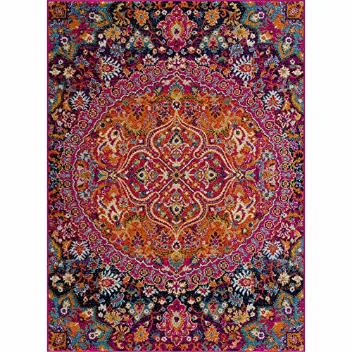 New Marlboro Oriental Bohemian Living Room Bedroom Area Rug - Persian Vintage Medallion Look - Floral Boho Carpet - Bright Colorful - Purple, Red, Orange, Pink - 5'3" x 7'3"