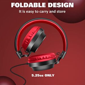 AKZ On-Ear Headphones with Microphone, Foldable Headphones with Tangle-Free Cord, Headphone with HD Sound, 3.5MM Jack, Portable Wired Headphones for School/Kids/Smartphones/Tablet/Travel (Red/Black)