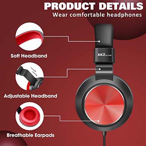 AKZ On-Ear Headphones with Microphone, Foldable Headphones with Tangle-Free Cord, Headphone with HD Sound, 3.5MM Jack, Portable Wired Headphones for School/Kids/Smartphones/Tablet/Travel (Red/Black)