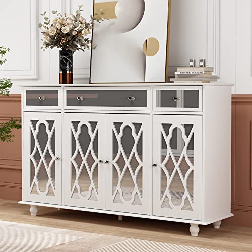 Homsee Buffet Sideboard Storage Cabinet with Mirror Doors, 3 Drawers & 6 Storage Compartments, Kitchen Cupboard Console Table for Hallway and Living Room, White (55.1”L x 15.7”W x 35.4”H)