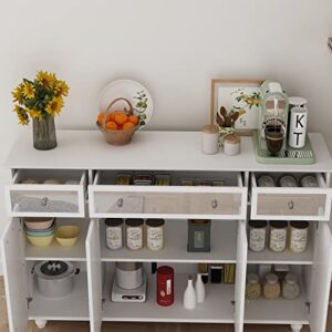 Homsee Buffet Sideboard Storage Cabinet with Mirror Doors, 3 Drawers & 6 Storage Compartments, Kitchen Cupboard Console Table for Hallway and Living Room, White (55.1”L x 15.7”W x 35.4”H)