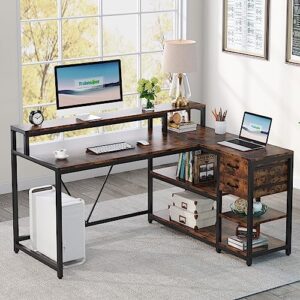 tribesigns reversible l shaped desk with drawer, industrial corner desk home office table with storage shelves and monitor stand, rustic wooden and metal pc desk for small space (rustic)