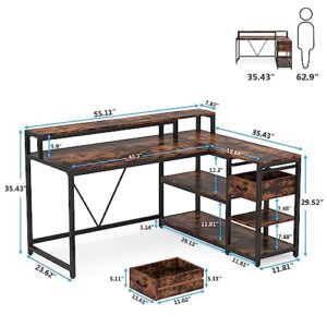 Tribesigns Reversible L Shaped Desk with Drawer, Industrial Corner Desk Home Office Table with Storage Shelves and Monitor Stand, Rustic Wooden and Metal PC Desk for Small Space (Rustic)