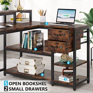 Tribesigns Reversible L Shaped Desk with Drawer, Industrial Corner Desk Home Office Table with Storage Shelves and Monitor Stand, Rustic Wooden and Metal PC Desk for Small Space (Rustic)