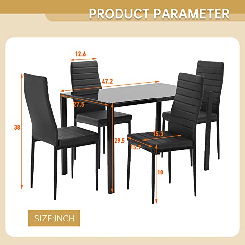 Vnewone Dining Table Set for 4,Kitchen Table and Chairs with Glass Tabletop and Heavy Metal Frame Chairs,Modern Home Furniture Suitable for Small Space Black