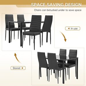 Vnewone Dining Table Set for 4,Kitchen Table and Chairs with Glass Tabletop and Heavy Metal Frame Chairs,Modern Home Furniture Suitable for Small Space Black