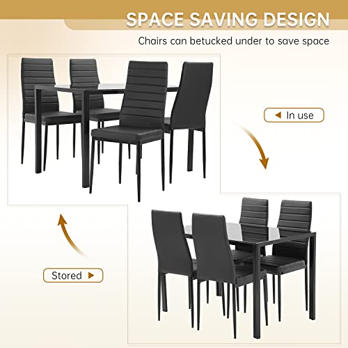 Vnewone Dining Table Set for 4,Kitchen Table and Chairs with Glass Tabletop and Heavy Metal Frame Chairs,Modern Home Furniture Suitable for Small Space Black