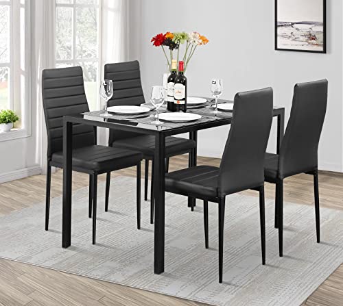 Vnewone Dining Table Set for 4,Kitchen Table and Chairs with Glass Tabletop and Heavy Metal Frame Chairs,Modern Home Furniture Suitable for Small Space Black