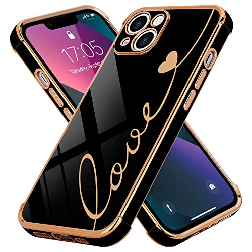 LCHULLE Designed for iPhone 13 Case Cute for Women Girls Luxury Plating Love Letter Soft TPU Phone Case Shockproof Anti-Scratch Full Camera Lens Protection Case Cover for iPhone 13(6.1 inch),Black