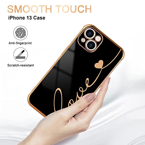 LCHULLE Designed for iPhone 13 Case Cute for Women Girls Luxury Plating Love Letter Soft TPU Phone Case Shockproof Anti-Scratch Full Camera Lens Protection Case Cover for iPhone 13(6.1 inch),Black