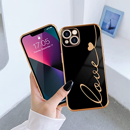 LCHULLE Designed for iPhone 13 Case Cute for Women Girls Luxury Plating Love Letter Soft TPU Phone Case Shockproof Anti-Scratch Full Camera Lens Protection Case Cover for iPhone 13(6.1 inch),Black