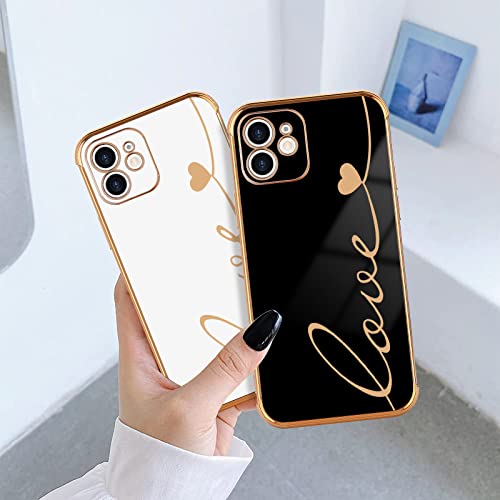 LCHULLE Designed for iPhone 12 Case Cute for Women Girls Luxury Plating Love Letter Soft TPU Phone Case Shockproof Anti-Scratch Full Camera Lens Protection Case Cover for iPhone 12(6.1 inch),Black