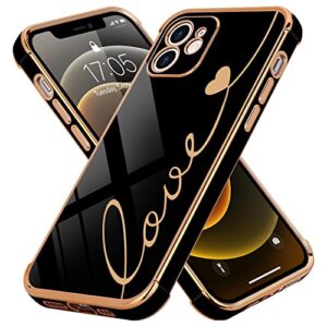 lchulle designed for iphone 12 case cute for women girls luxury plating love letter soft tpu phone case shockproof anti-scratch full camera lens protection case cover for iphone 12(6.1 inch),black