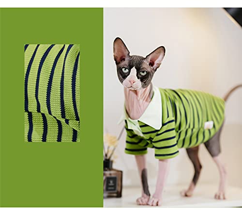 Sphynx Hairless Cat Clothes Autumn Waffle Stripe Lapel Polo Shirts Breathable Thicken Cotton T-Shirts with Sleeve Kitten Shirts Pet Clothes (M (6-7.7lbs), Black Green Polo)