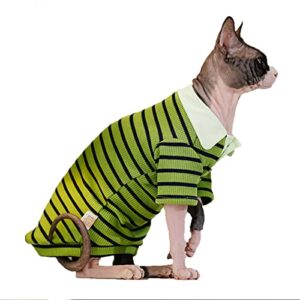 sphynx hairless cat clothes autumn waffle stripe lapel polo shirts breathable thicken cotton t-shirts with sleeve kitten shirts pet clothes (m (6-7.7lbs), black green polo)